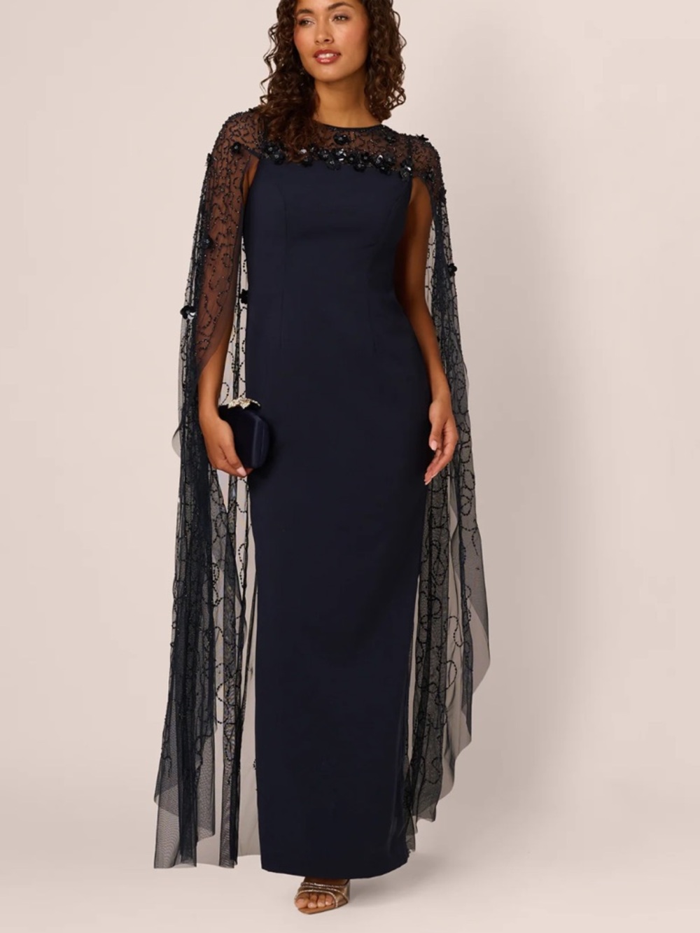 Adrianna Papell Floral Beaded Cape Gown In Midnight NWT